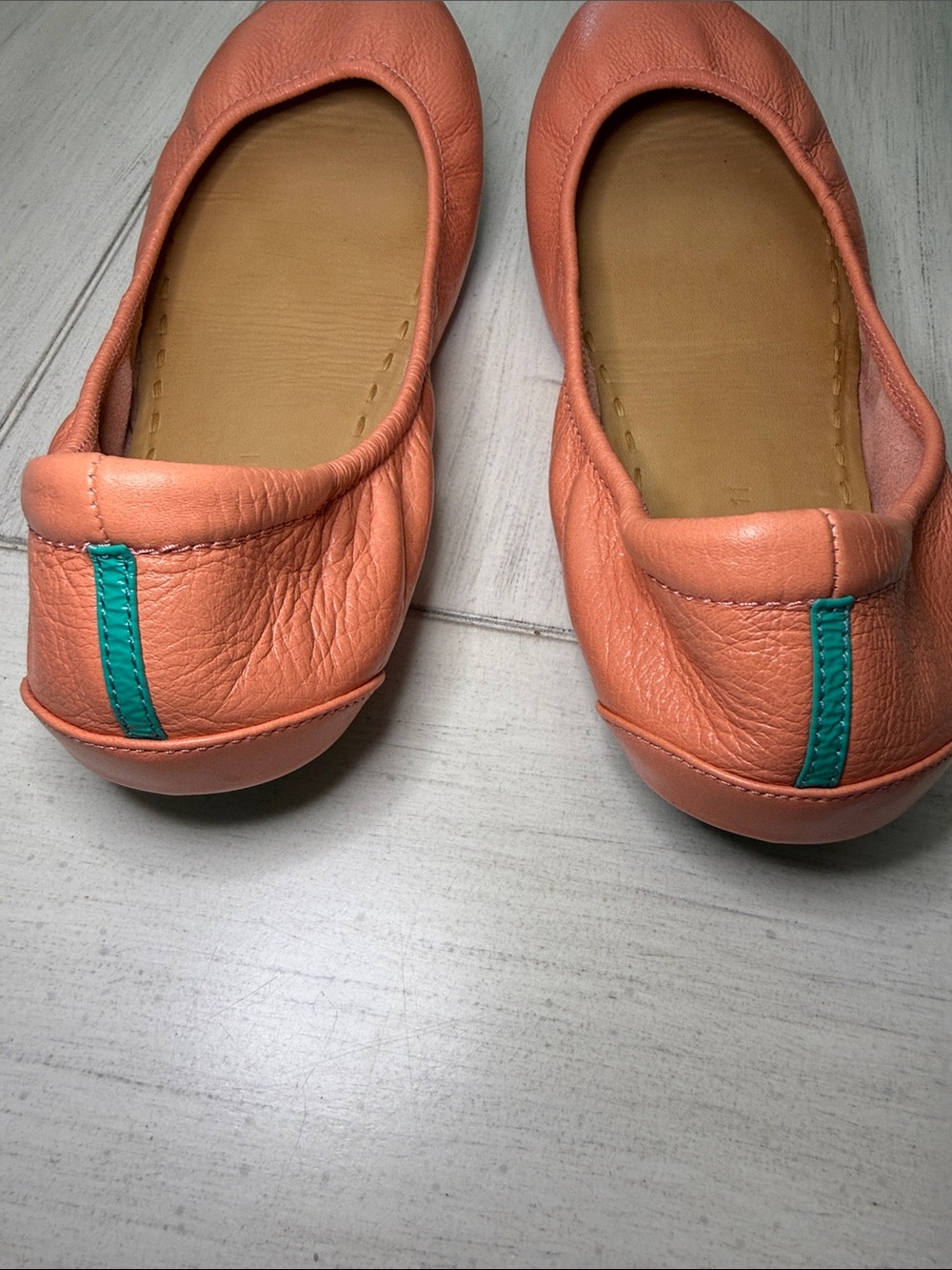 Tieks Peach Poppy Leather Ballet Flats with Teal Heel Tab - Picture 3 of 5